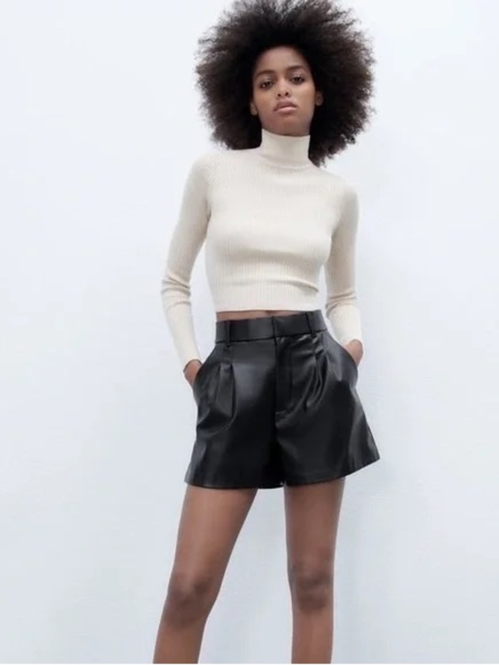 Zara Black Faux Leather Pleated High-Waist Shorts